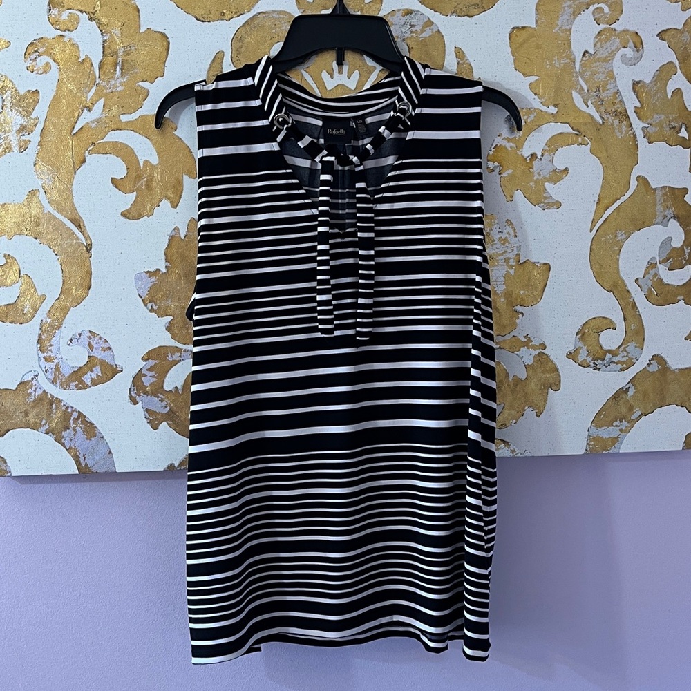 Rafaella Size Large Black‎ and White Striped Tank with Neck Tie